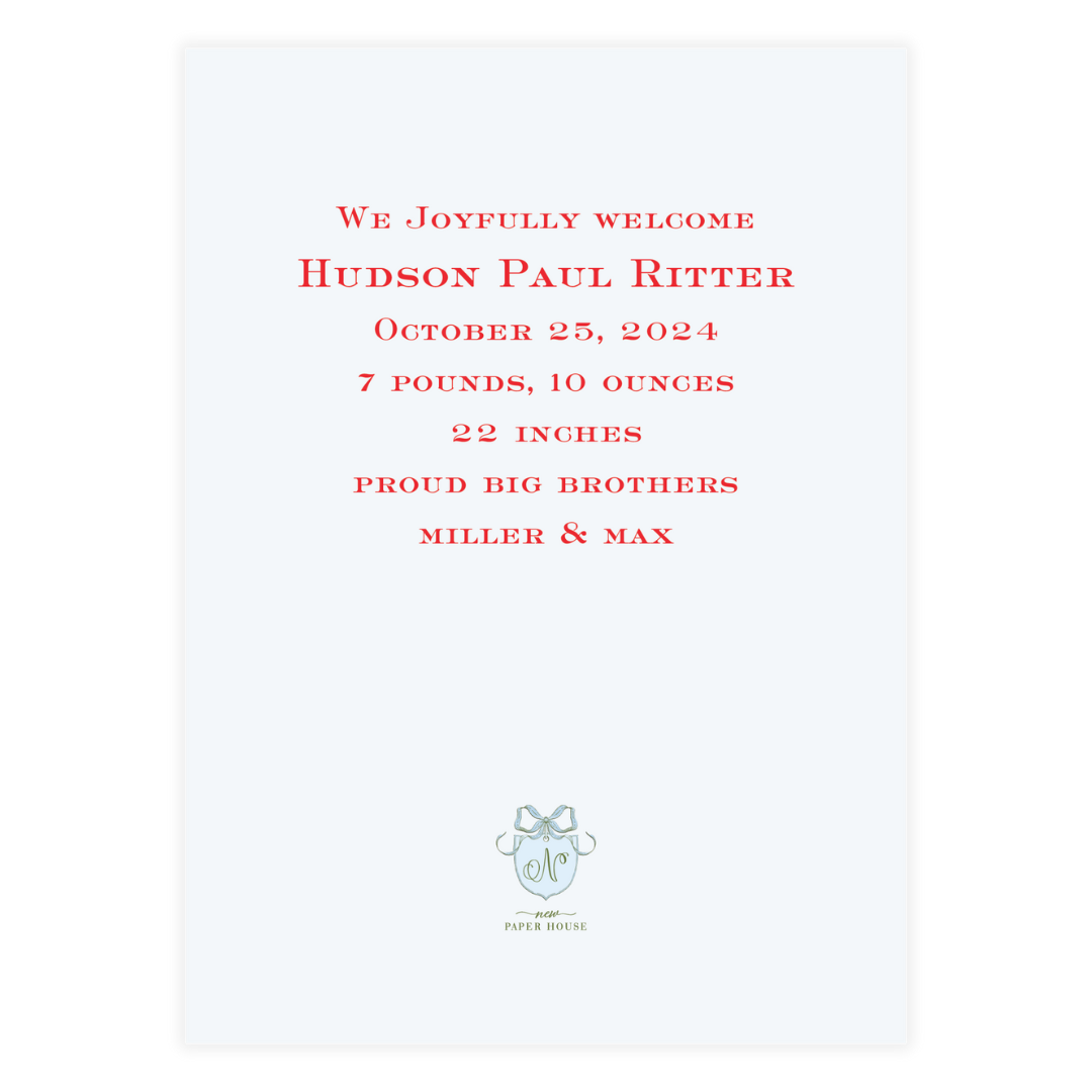 Stork Baby Blue Crest Holiday Card