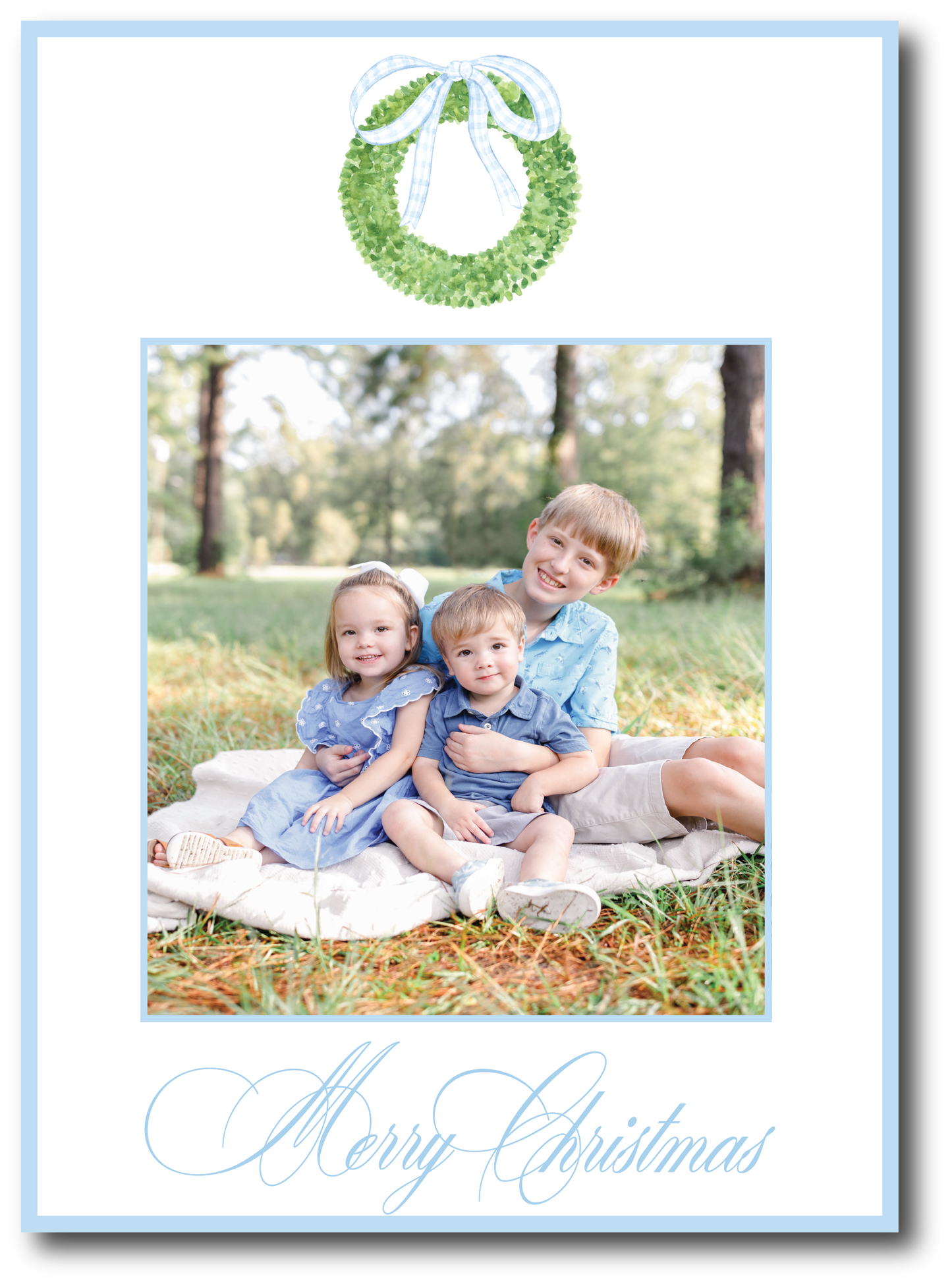Blue Gingham Bow Wreath Holiday Card