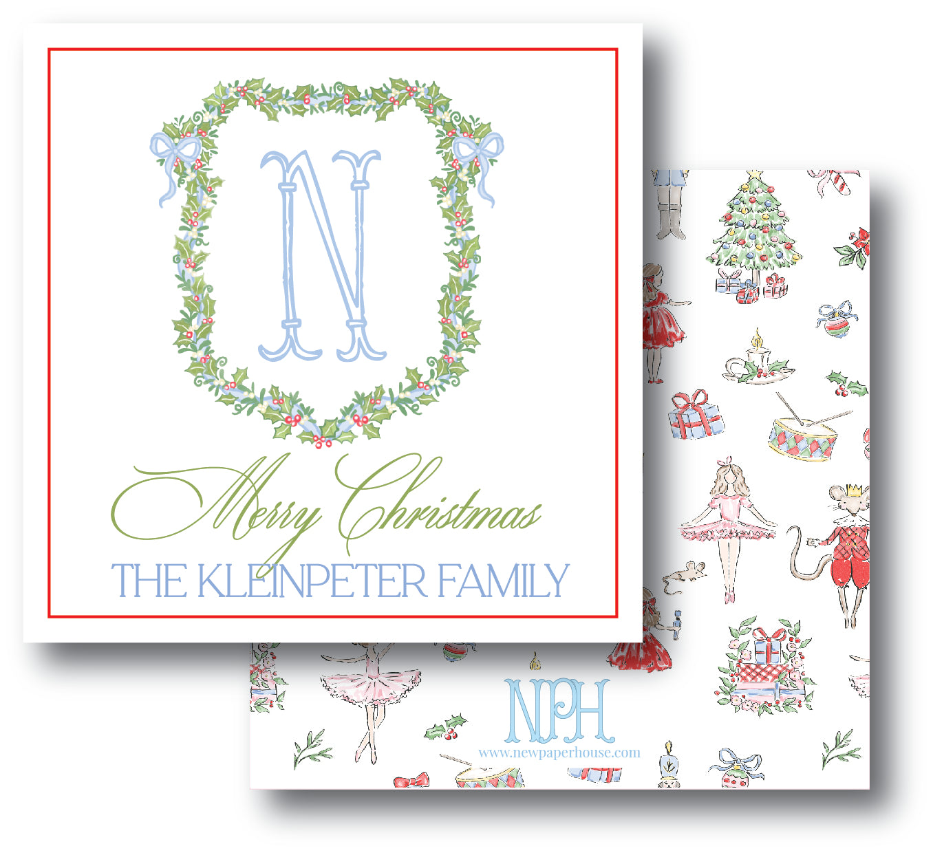 Blue Bow Holly Wreath Enclosure Card