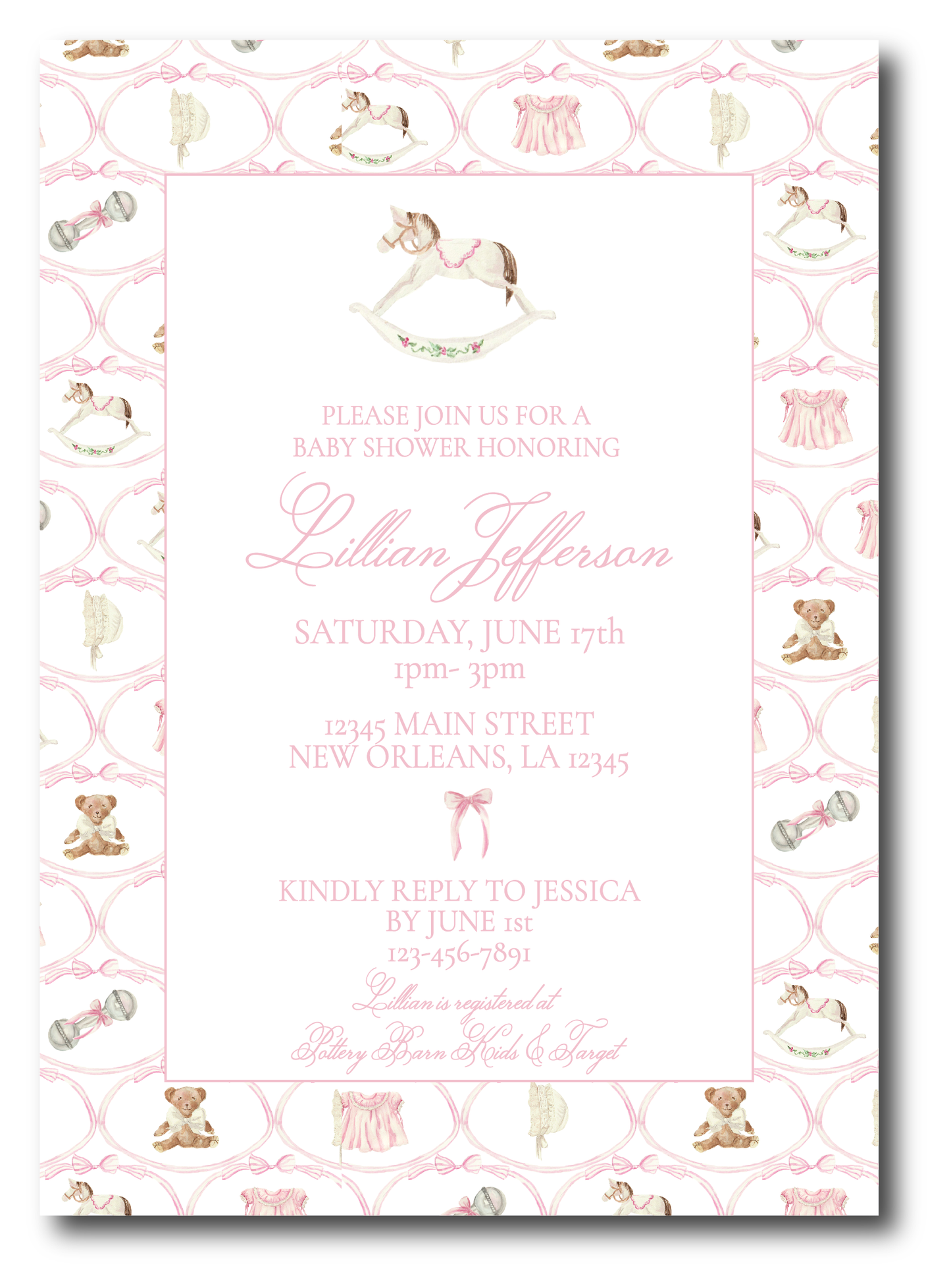 Heirloom Baby Shower Invitation - Pink- VARIOUS OPTIONS (see pictures, monogram, bear, rocking horse, pink dress)