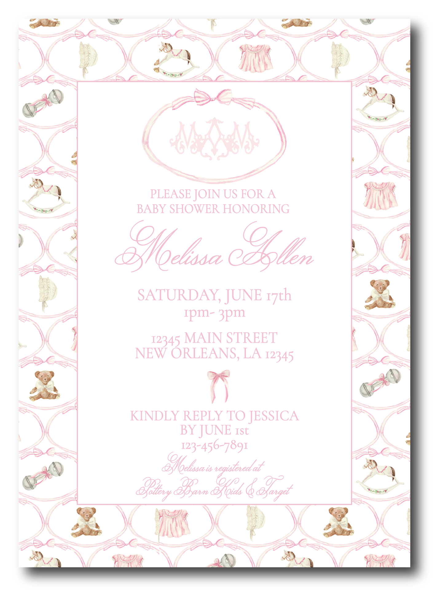 Heirloom Baby Shower Invitation - Pink- VARIOUS OPTIONS (see pictures, monogram, bear, rocking horse, pink dress)