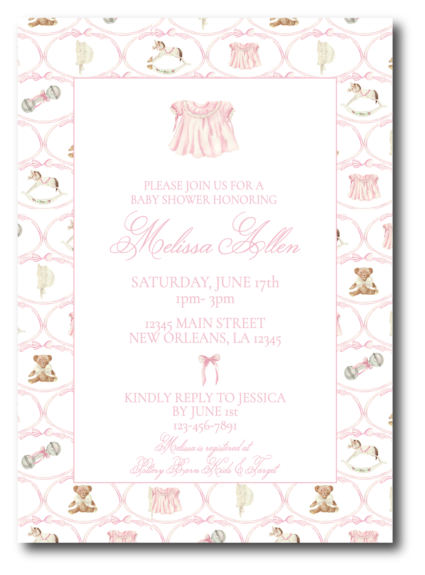Heirloom Baby Shower Invitation - Pink- VARIOUS OPTIONS (see pictures, monogram, bear, rocking horse, pink dress)