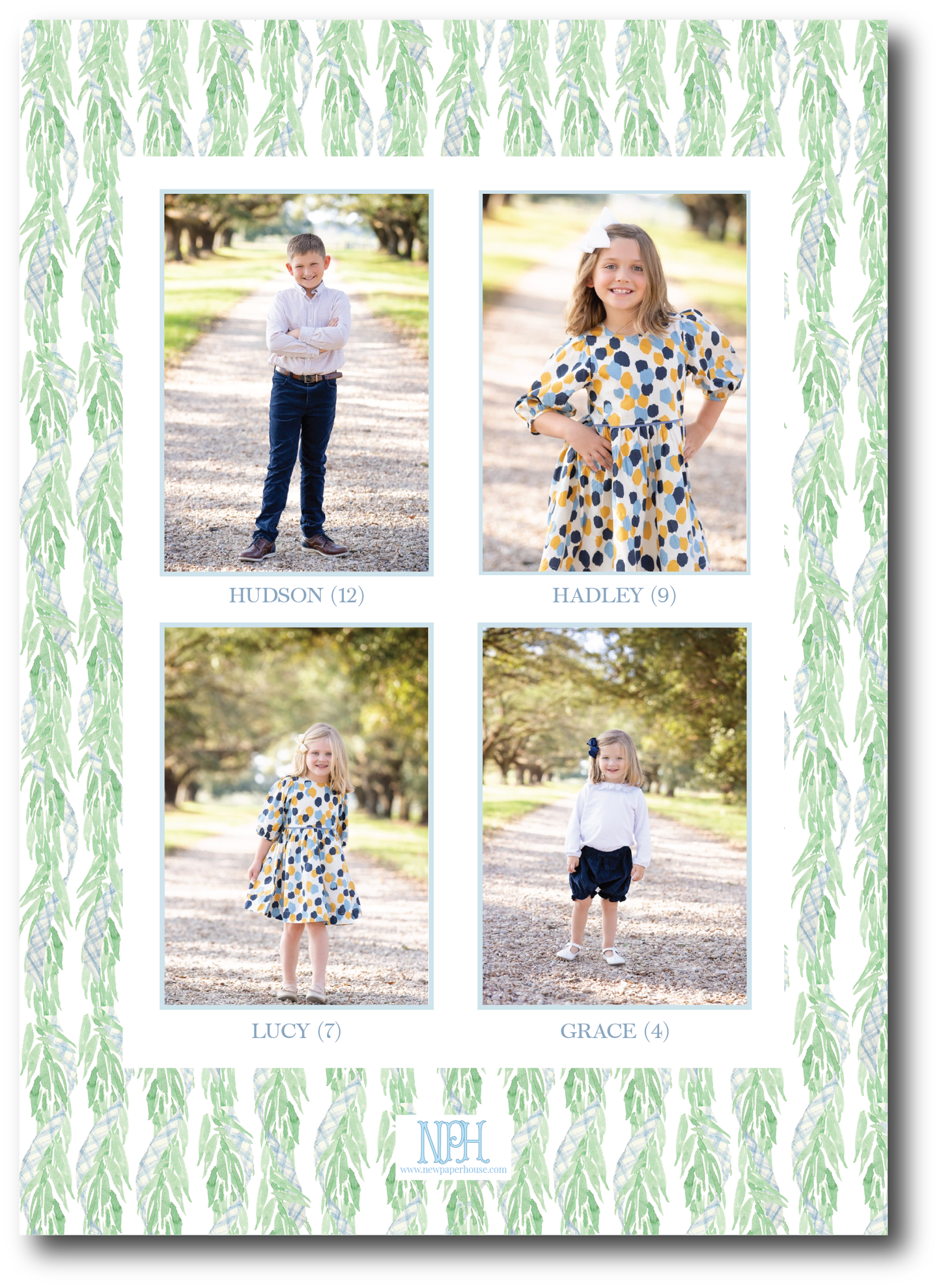 Blue Gingham Bow Garland Holiday Card