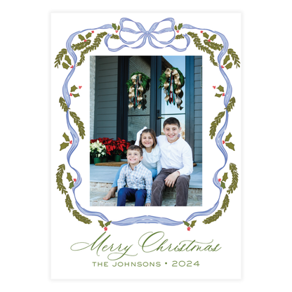 Blue Bow with Holly Leaves Frame Holiday Card