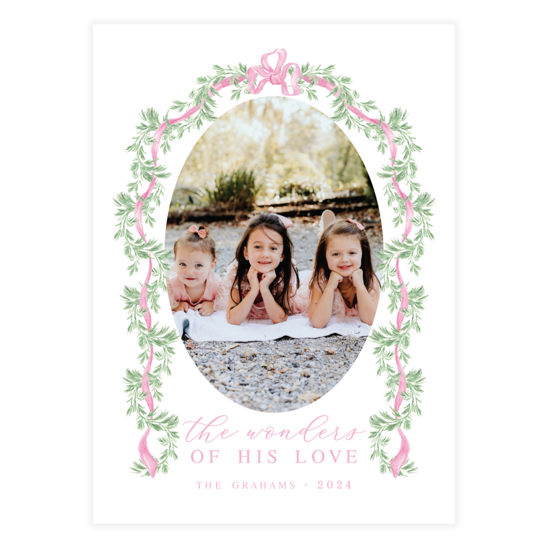 Pink Holly Oval Garland Frame Holiday Card