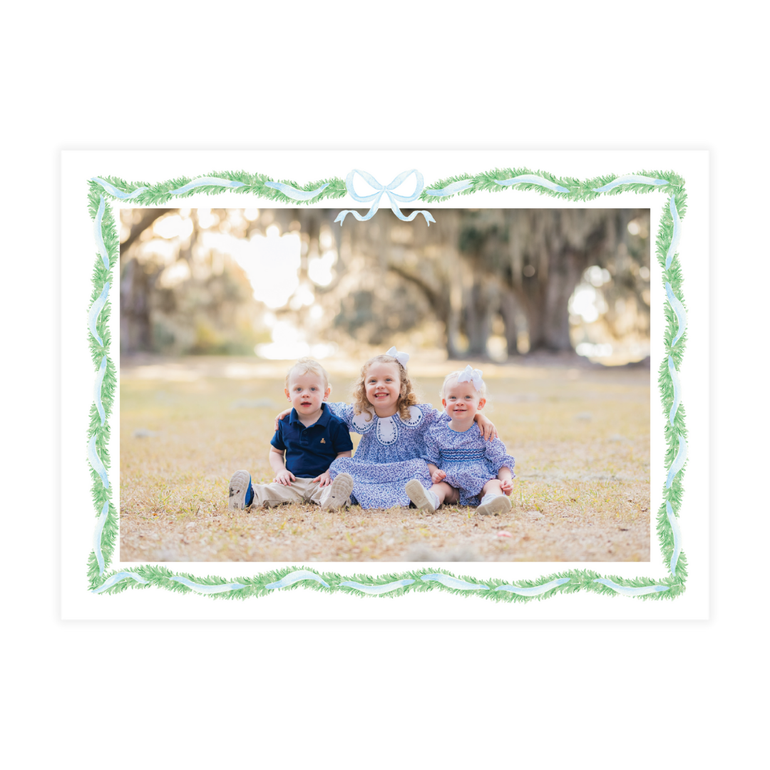 Blue Bow Garland Landscape Holiday Card
