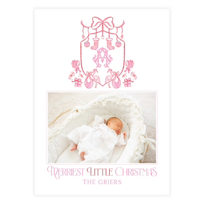 Stork Baby Pink Crest Holiday Card