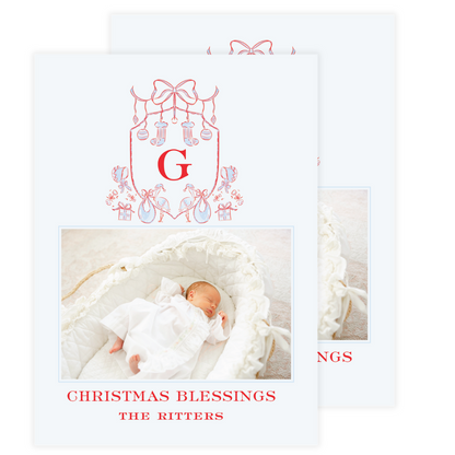 Stork Baby Blue  Crest Holiday Card