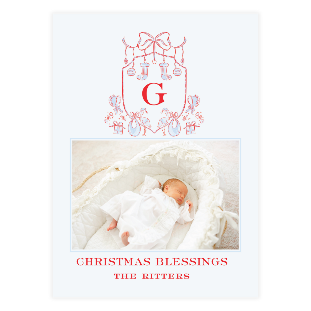 Stork Baby Blue  Crest Holiday Card
