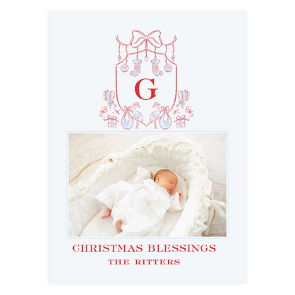 Stork Baby Blue  Crest Holiday Card