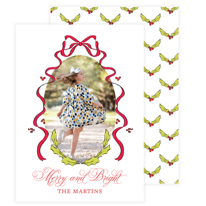 Holly and Red Bow Frame Holiday Card