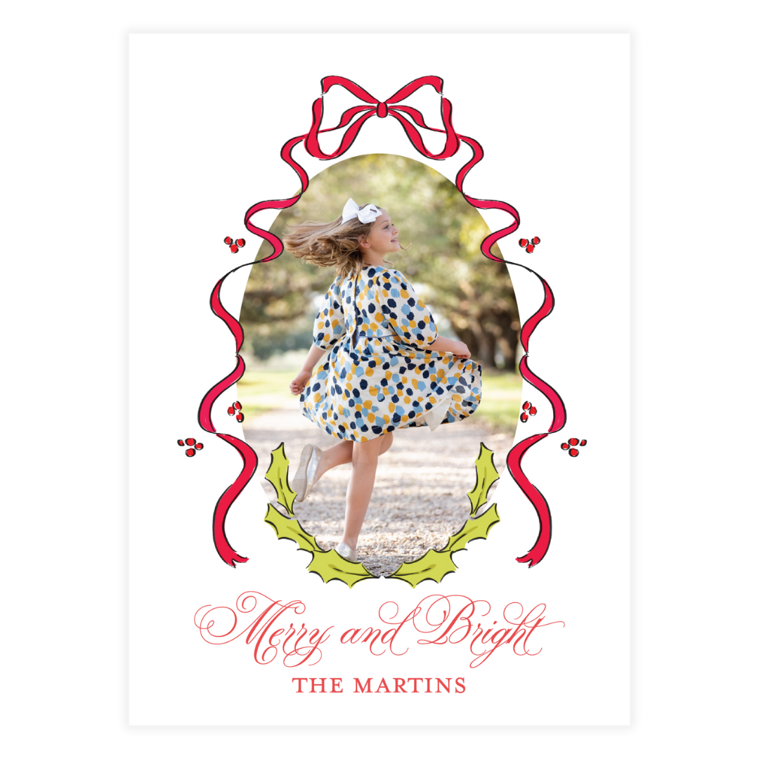 Holly and Red Bow Frame Holiday Card