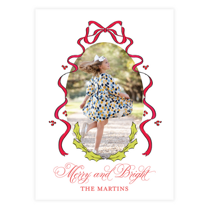 Holly and Red Bow Frame Holiday Card