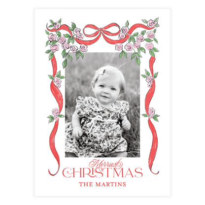 Pink Rose Red Bow Garland Frame Holiday Card