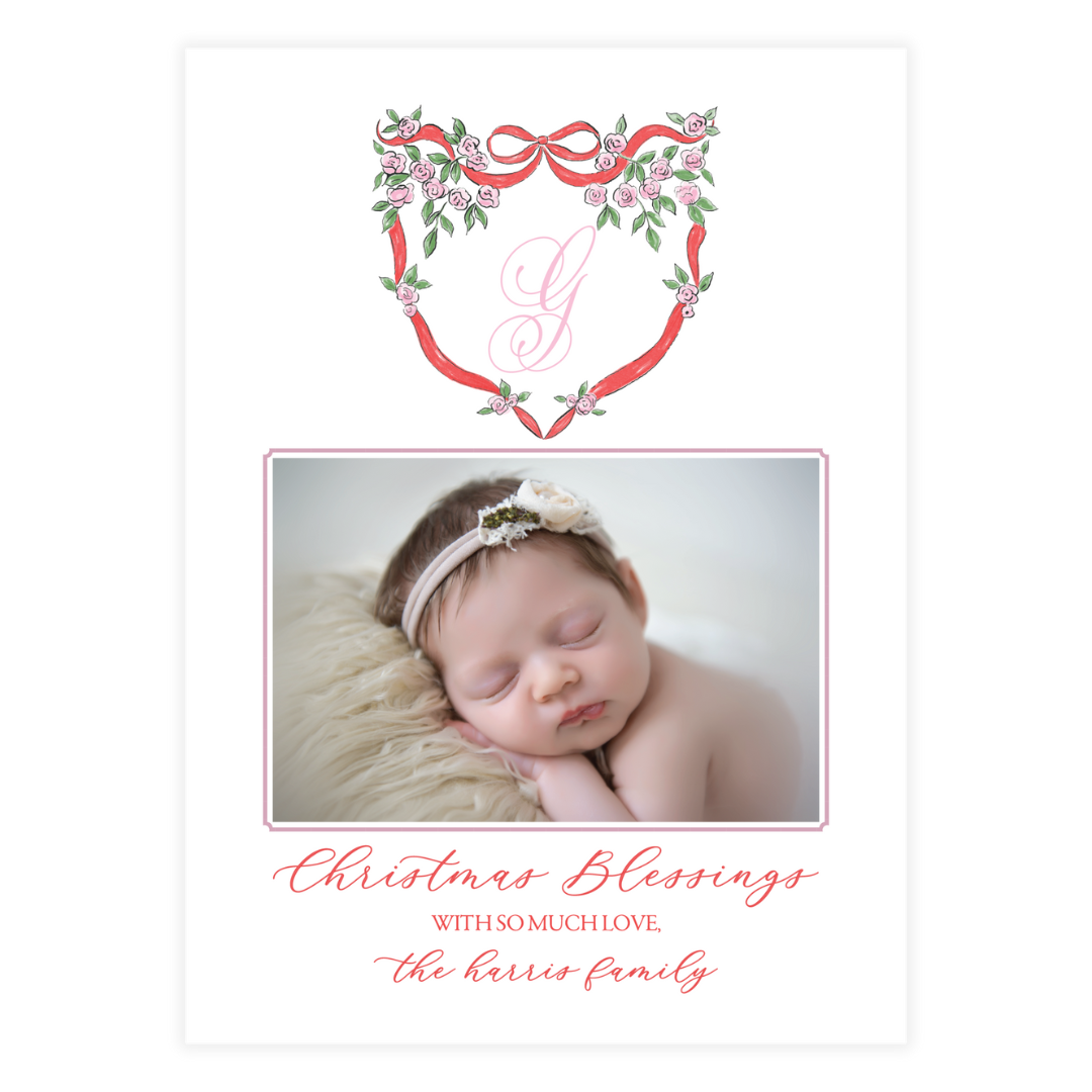 Pink Rose Red Bow Crest Holiday Card