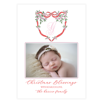 Pink Rose Red Bow Crest Holiday Card