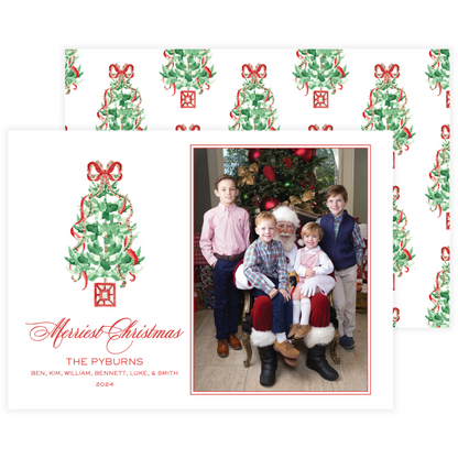 Traditional Christmas Tree with Red Plaid Bow Holiday Card