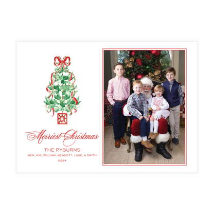 Traditional Christmas Tree with Red Plaid Bow Holiday Card