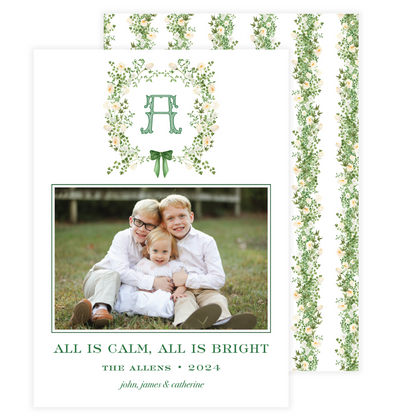 Green & White Floral Crest Card