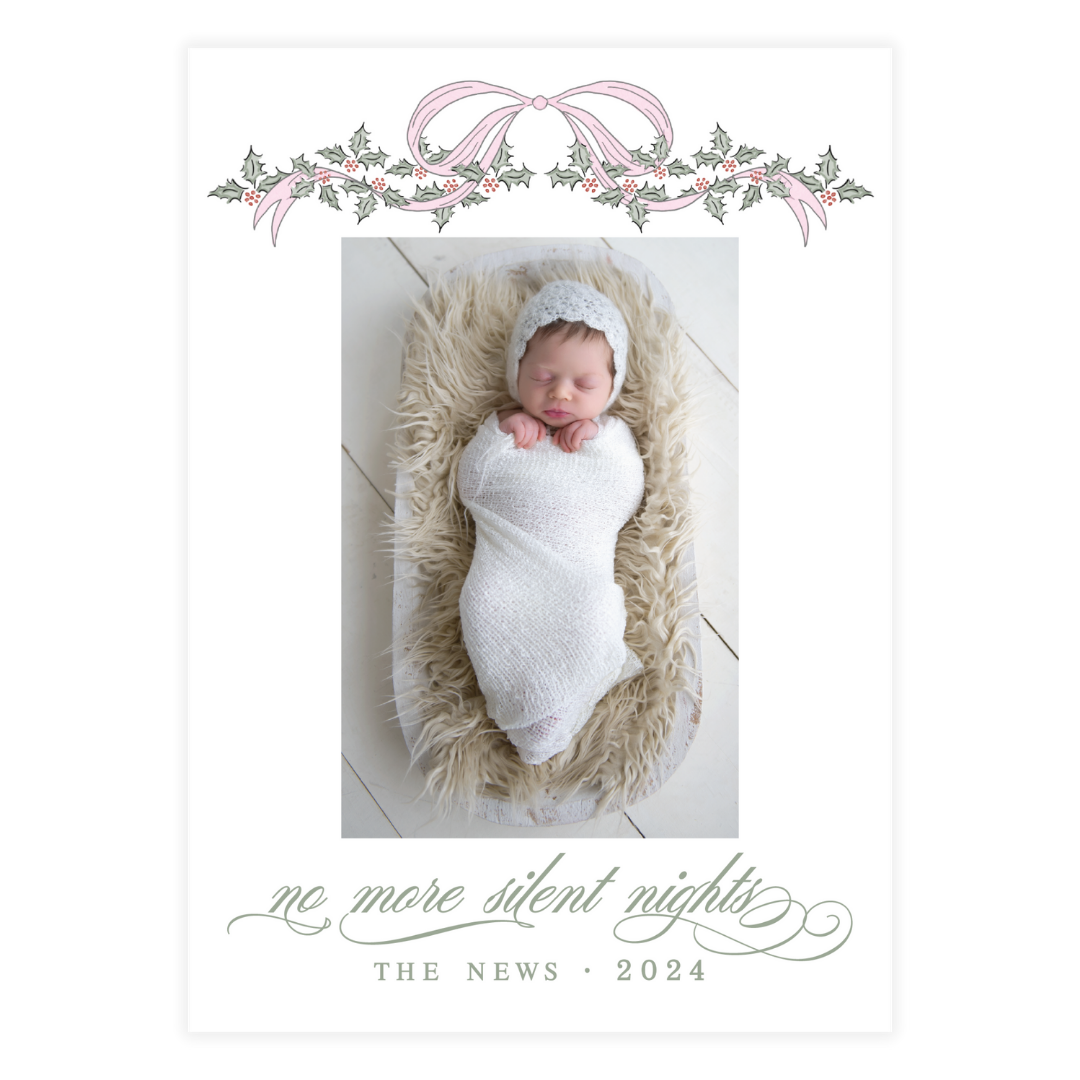 Pink Bow Holly Garland Holiday Card