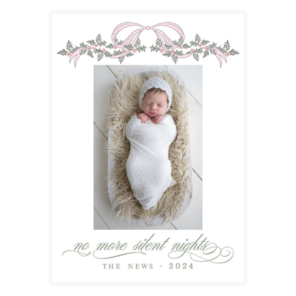 Pink Bow Holly Garland Holiday Card