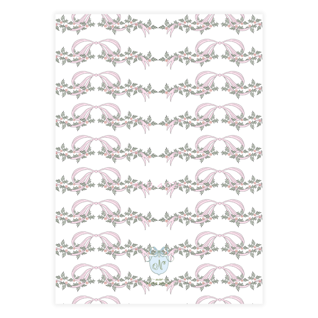 Pink Bow Holly Garland Holiday Card