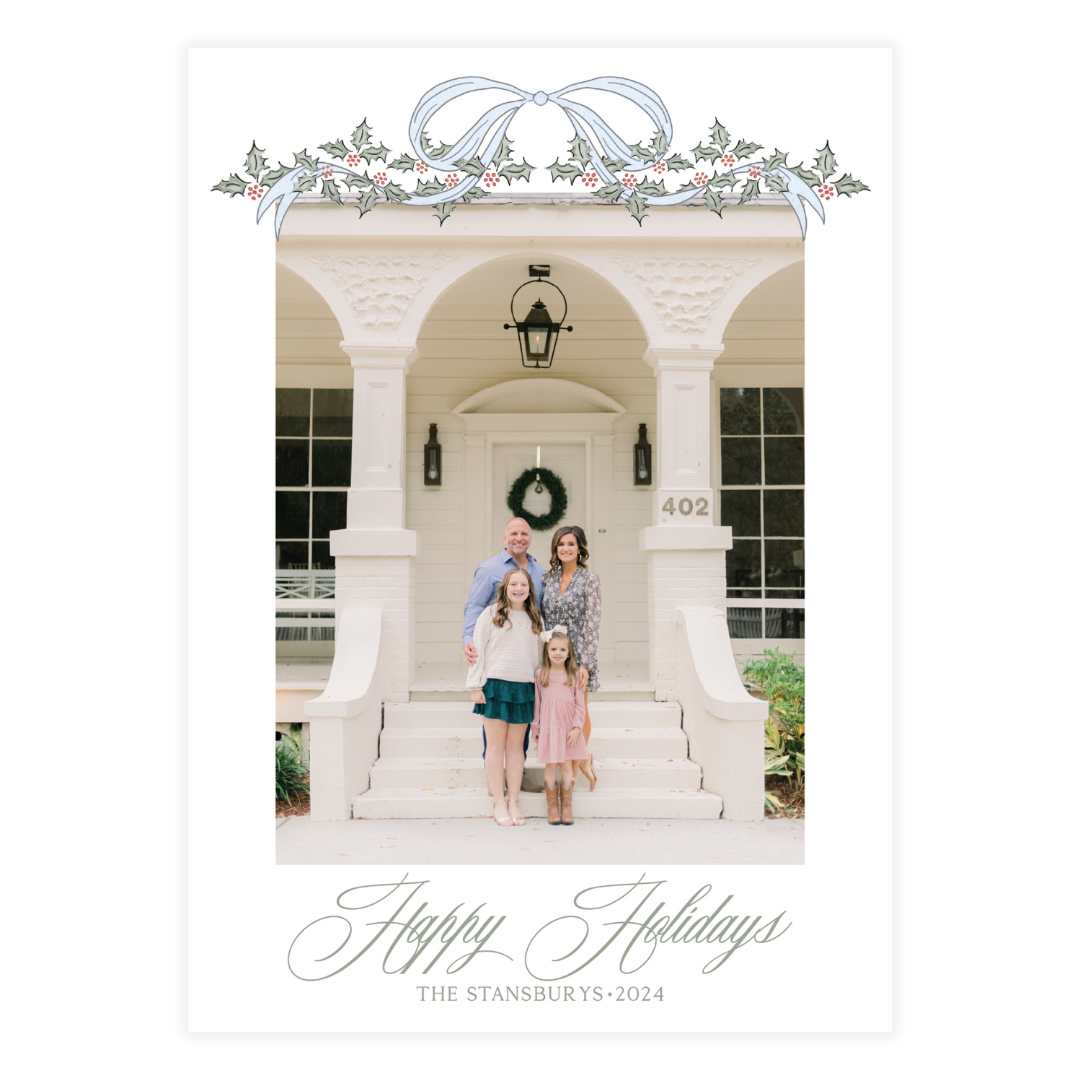 Blue Bow Holly Garland Holiday Card