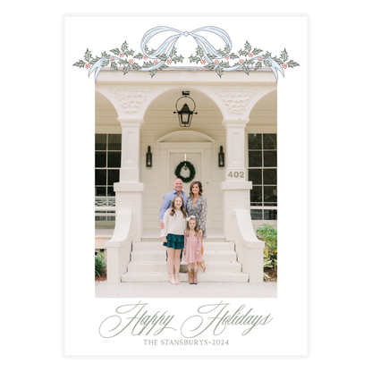 Blue Bow Holly Garland Holiday Card