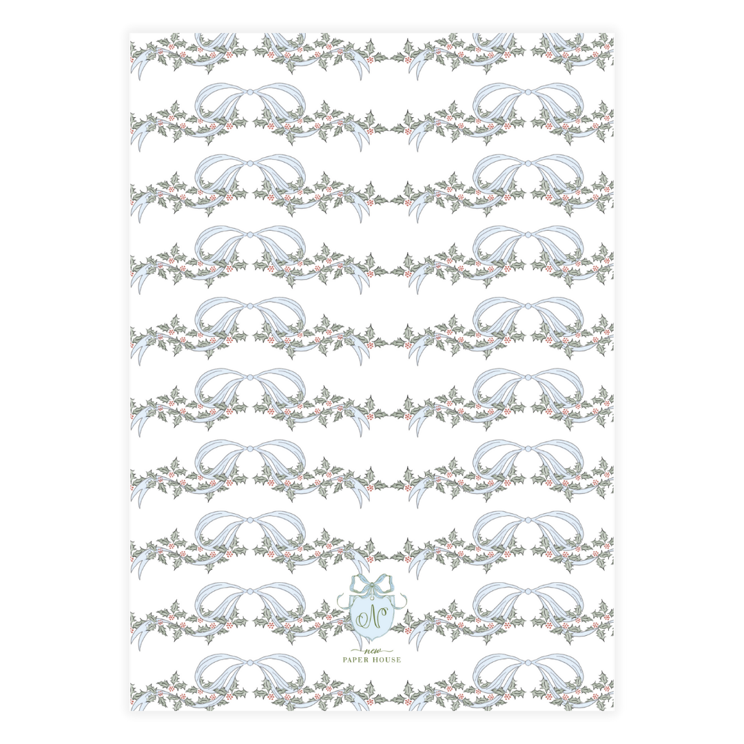 Blue Bow Holly Garland Holiday Card