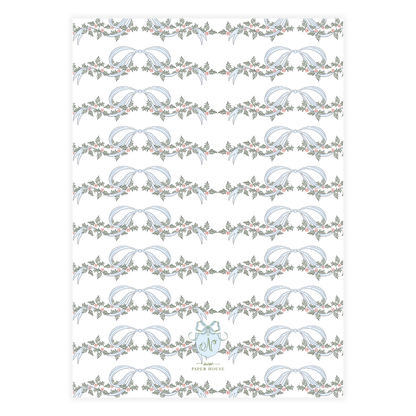 Blue Bow Holly Garland Holiday Card