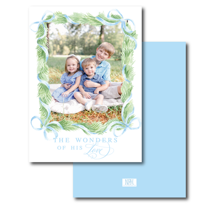 Blue Bow Garland Wrapped Holiday Card