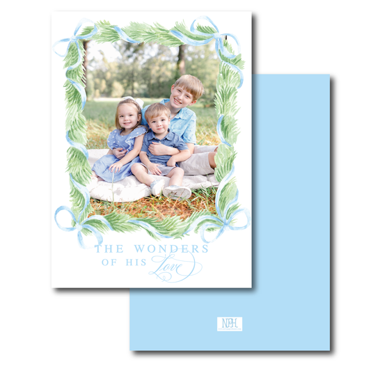 Blue Bow Garland Wrapped Holiday Card