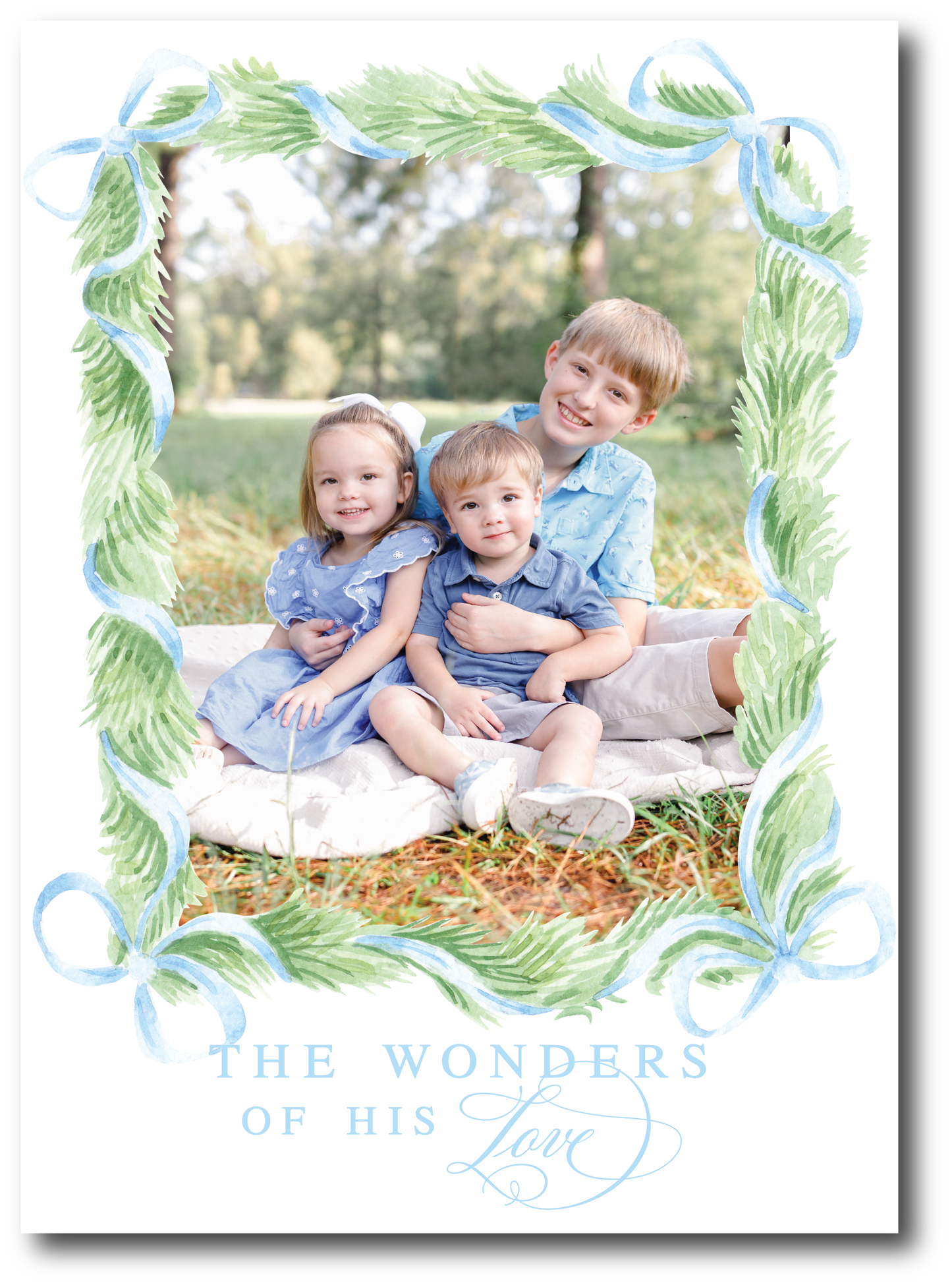 Blue Bow Garland Wrapped Holiday Card
