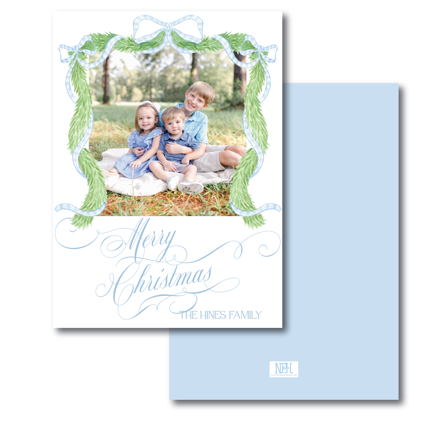 Blue Gingham Bow Garland Holiday Card