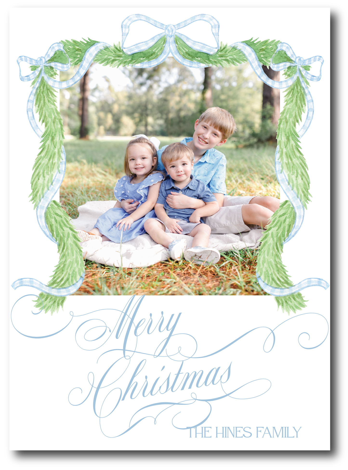 Blue Gingham Bow Garland Holiday Card