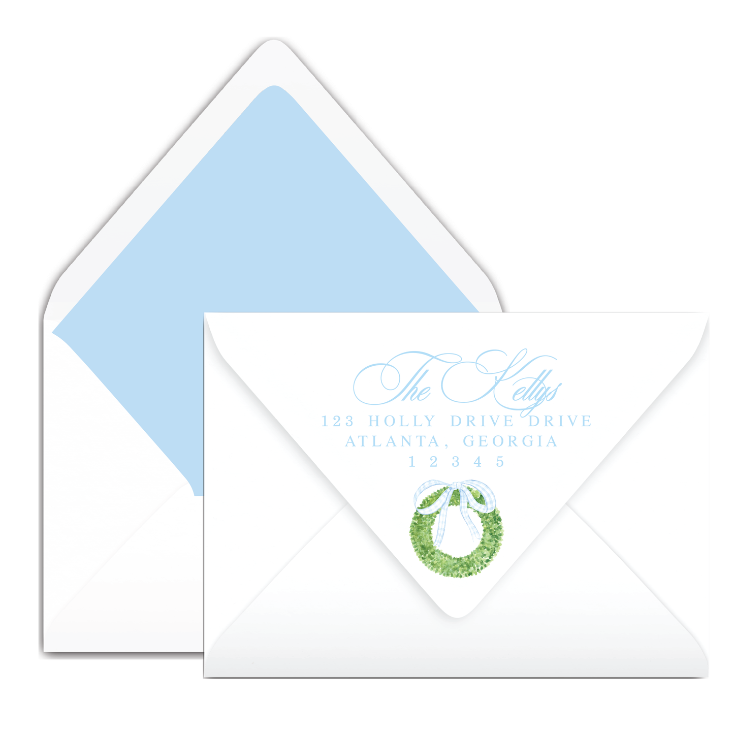 Blue Gingham Bow Wreath Holiday Card
