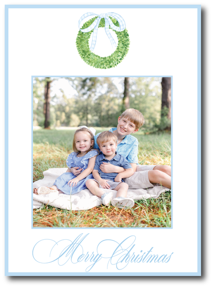 Blue Gingham Bow Wreath Holiday Card