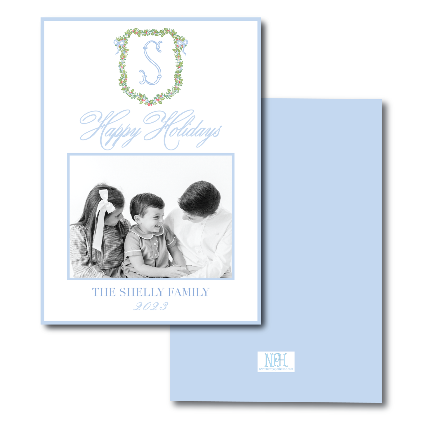 Blue Holly Wreath "Happy Holidays" Holiday Card