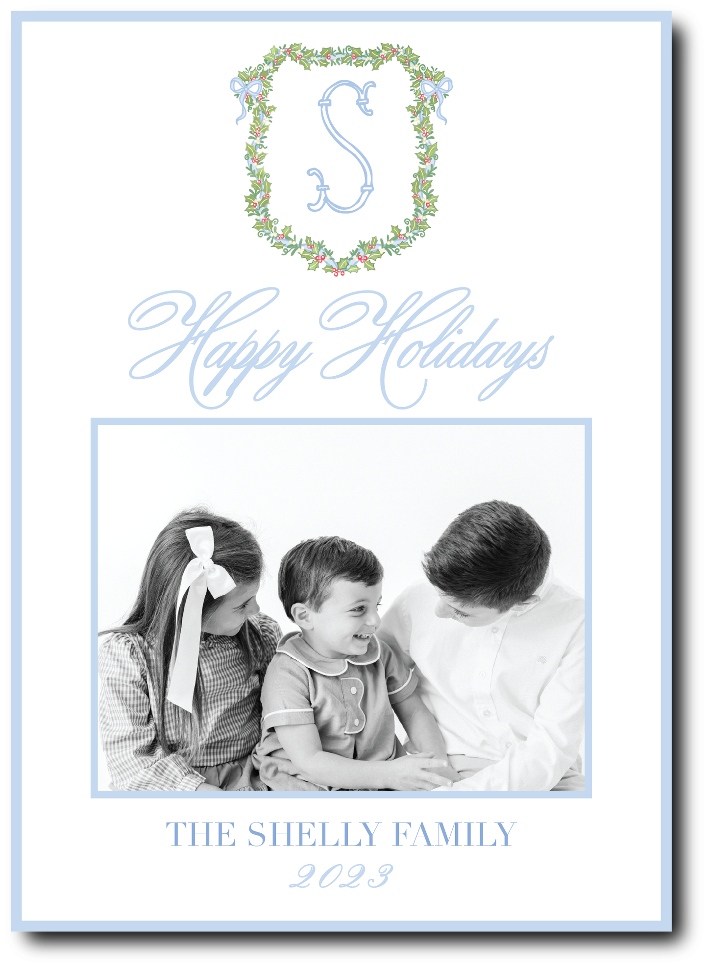 Blue Holly Wreath "Happy Holidays" Holiday Card