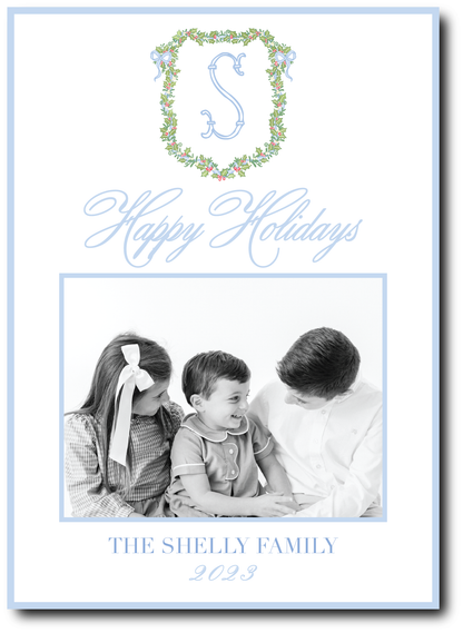 Blue Holly Wreath "Happy Holidays" Holiday Card