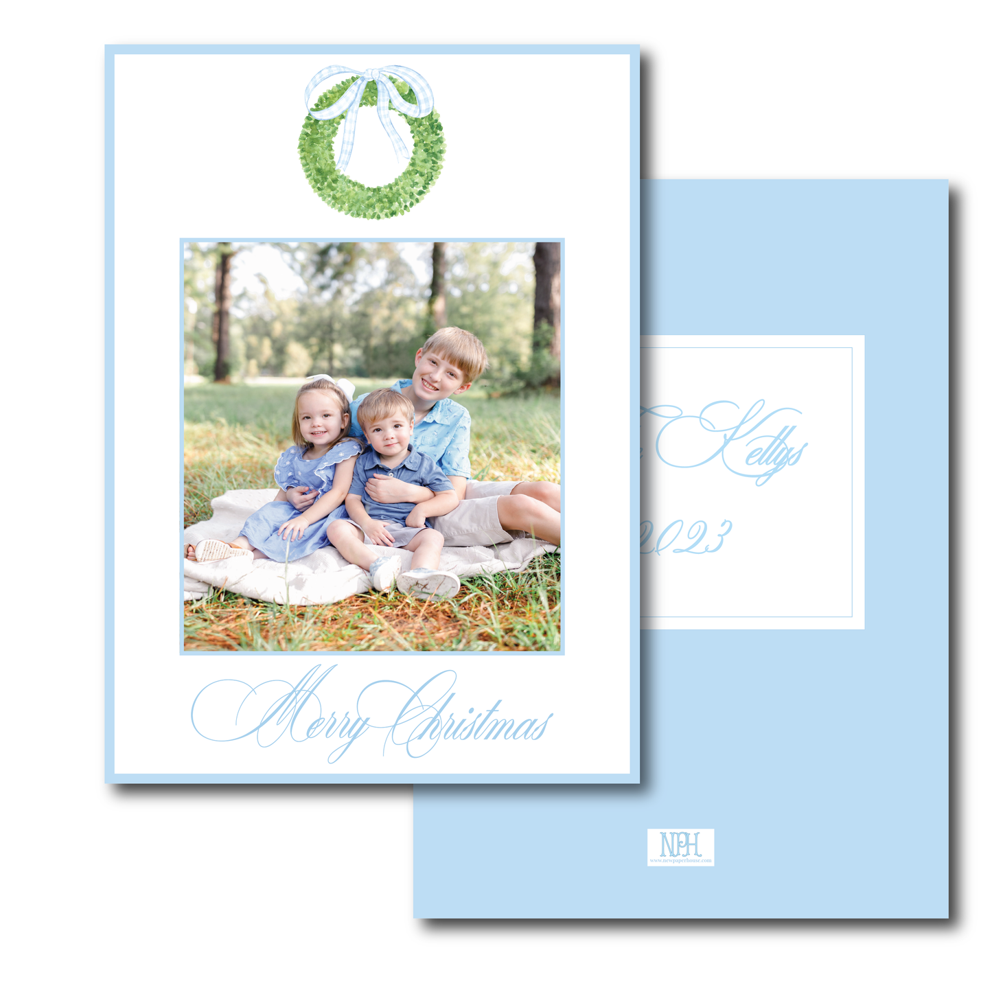 Blue Gingham Bow Wreath Holiday Card