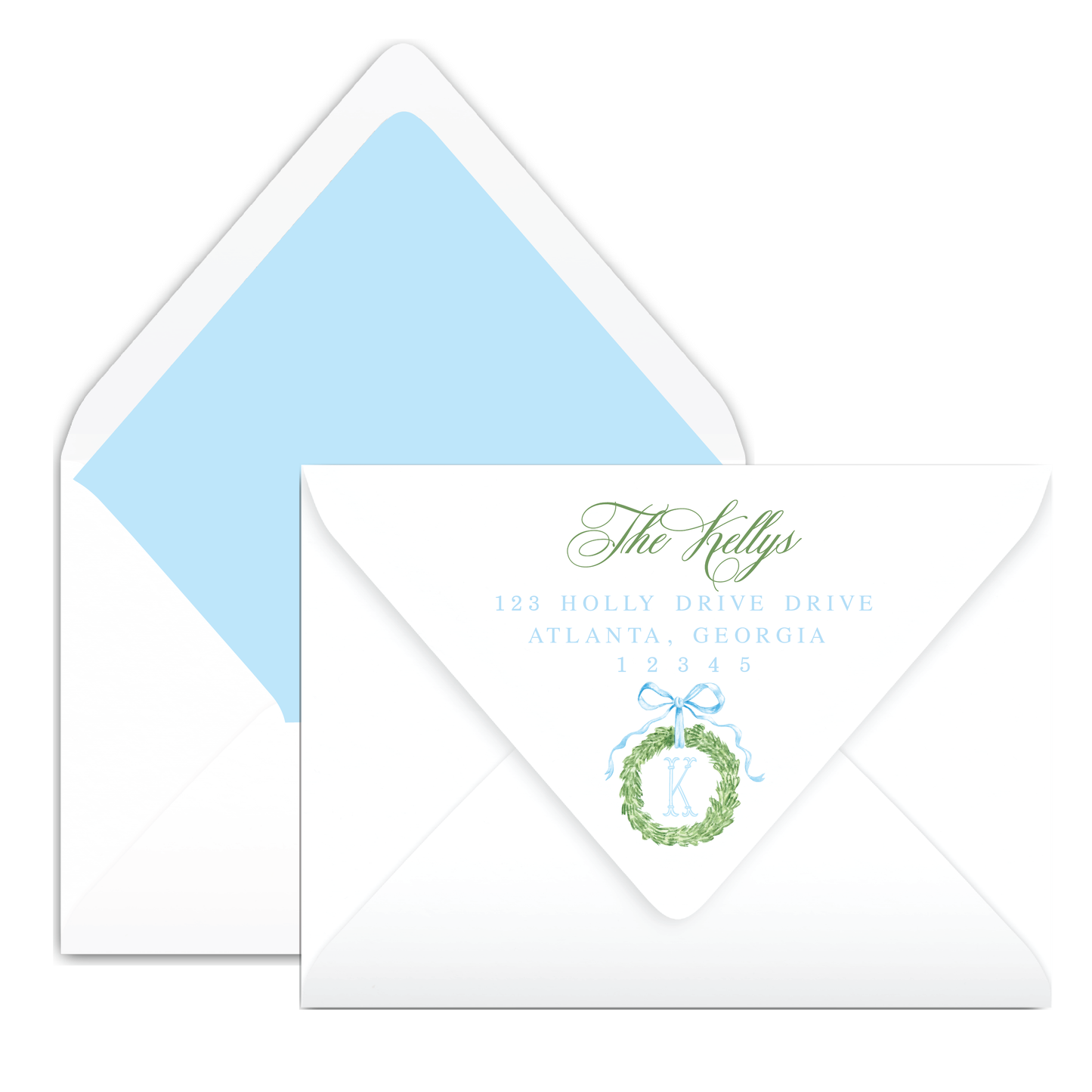 Blue Bow Monogram Wreath Holiday Card
