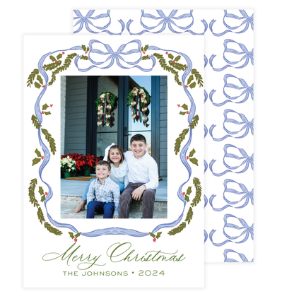 Blue Bow with Holly Leaves Frame Holiday Card
