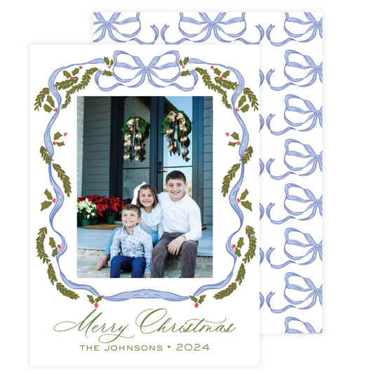 Blue Bow with Holly Leaves Frame Holiday Card