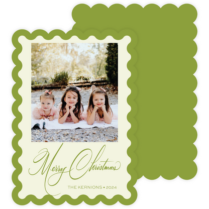 Green Thick Border Scallop Die Cut Holiday Card (Colors Customizable)