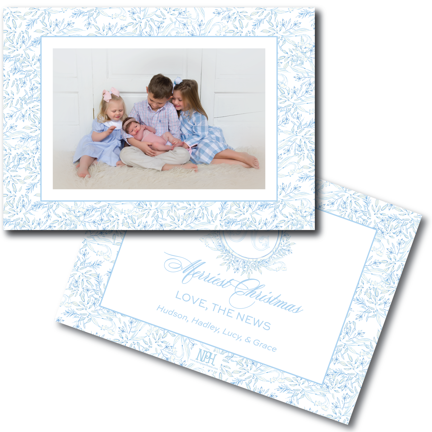 Landscape Blue Toile Crest Holiday Card
