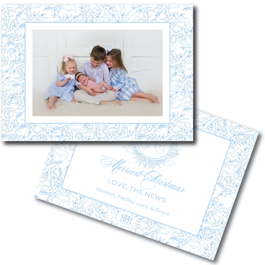 Landscape Blue Toile Crest Holiday Card