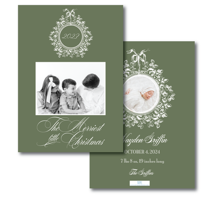 Sage Green Bow & Leaves Crest Holiday Card