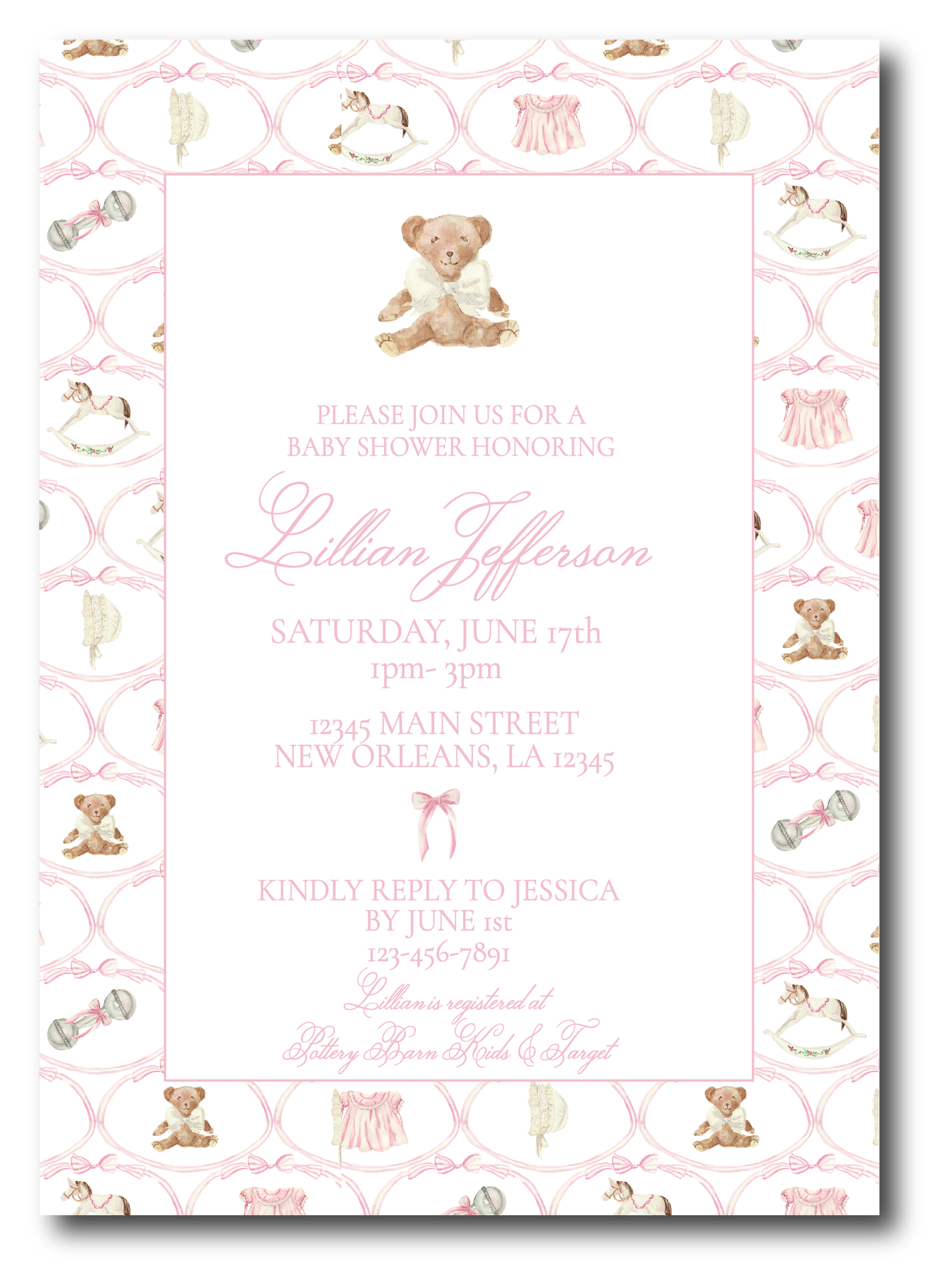 Heirloom Baby Shower Invitation - Pink- VARIOUS OPTIONS (see pictures, monogram, bear, rocking horse, pink dress)