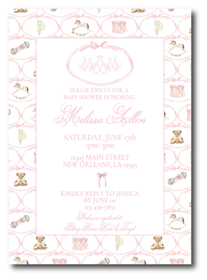 Heirloom Baby Shower Invitation - Pink- VARIOUS OPTIONS (see pictures, monogram, bear, rocking horse, pink dress)